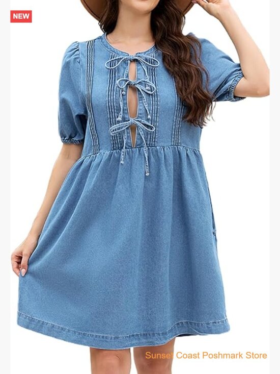 Dresses & Skirts - Babydoll Denim Dress Puff Short Sleeve Jean Romper Bow Tie Neckline Mini
